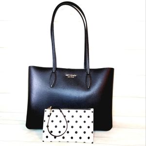 Kate Spade All Day Tote With Wristlet Black Crossgrain Leather New